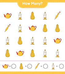 Counting game, how many Teapot, Candle, Butternut Squash, and Umbrella. Educational children game, printable worksheet, vector illustration