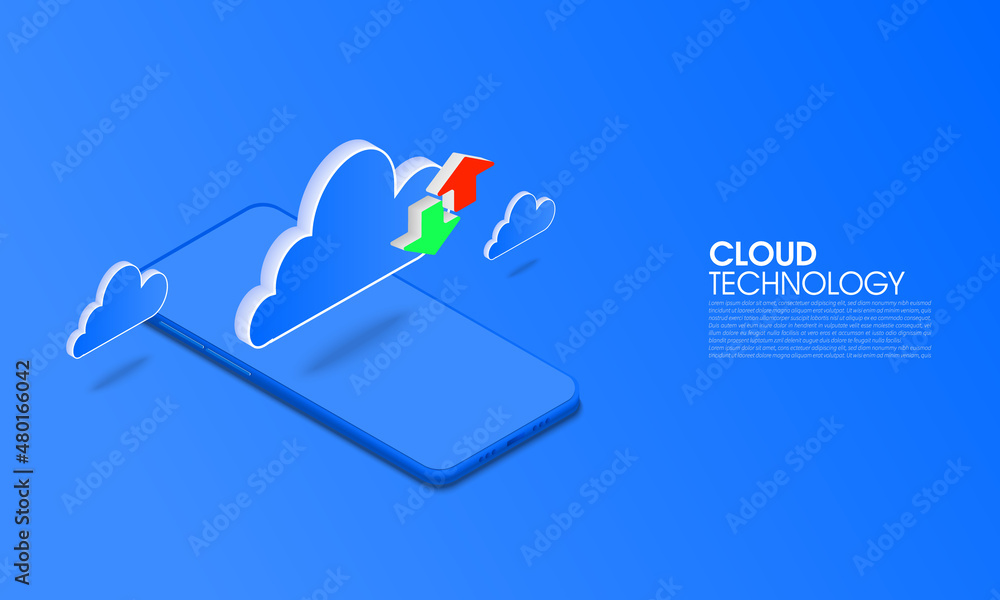 Poster isometric cloud computing upload and download data online service with mobile. digital cloud technol
