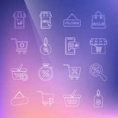 Set line Price tag with dollar, Magnifying glass percent, Market store shopping cart, Hanging sign Close, Discount, Refresh, Mobile and and basket icon. Vector
