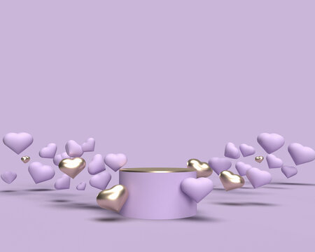 3D podium, display, background. Purple pedestal with gold levitating hearts. Beauty, cosmetic product presentation. Minimal pastel showcase. Abstract, studio, love, valentines day 3D.