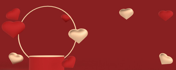 heart on a red background. Happy Valentine s Day holiday banner. Abstract 3d composition for Valentine s Day. 3d illustration with hearts on podium 3d rendering