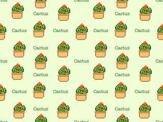 Cactus cartoon character seamless pattern on green background.Pixel style