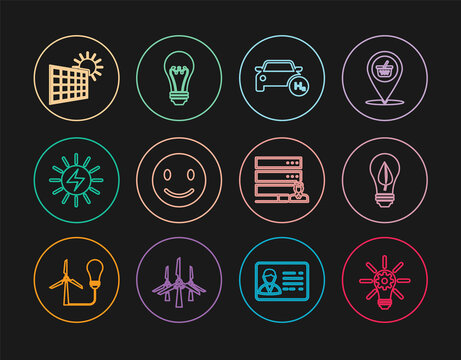 Set line Light bulb with gear, leaf, Hydrogen car, Smile face, Solar energy panel, and sun, Customer care server and icon. Vector