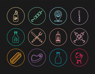Set line Barbecue grill, Grilled shish kebab, Location with fire flame, Crossed fork and knife, Ketchup bottle, and icon. Vector