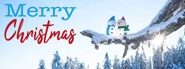 Merry Christmas - Winter snow snowman background panoramic banner panorama - Little cute Snowmen...