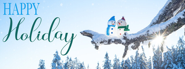 Happy Holiday - Winter snow snowman background panoramic banner panorama - Little cute Snowmen sits...