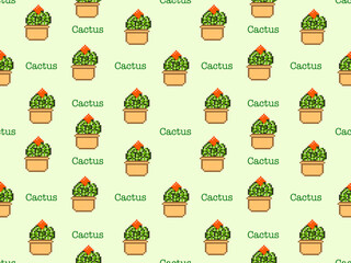 Cactus cartoon character seamless pattern on green background.Pixel style