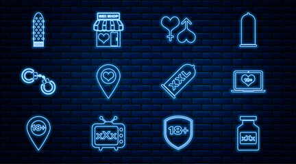 Set line Bottle with pills for potency, Laptop 18 plus content, Male and female heart, Location, Sexy fluffy handcuffs, Dildo vibrator, Condom safe sex and shop building icon. Vector