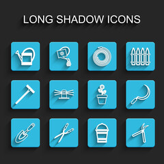 Set line Garden trowel spade or shovel, Gardening handmade scissor, Watering can, Bucket, Automatic irrigation sprinklers, Sickle and Flower pot icon. Vector