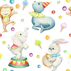 Elephant, monkey, seal, bunny. Watercolor seamless pattern, on an isolated background, in cartoon style