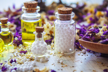 Homeopathy, herbs and their extracts. Selective focus.