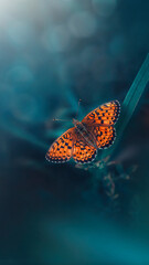 Macro or an orange butterfly on teal and green colored grass. Shallow depth of field, dreamy and magical scenery, light shining from the corner. Tall vertical wallpaper photo