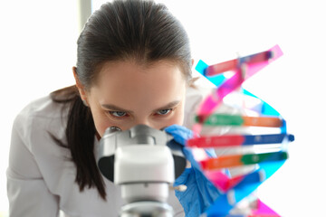 A woman biologist looks through a microscope, eyes close-up