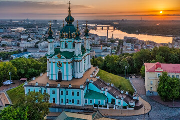 Aerial view of St. Andrew's Church during dawn, one of the most famous sights of the city of Kiev....
