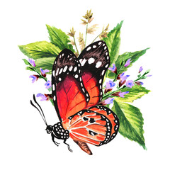 Butterfly with wildflowers, Summertime concept. Hand drawn watercolor illustration isolated on white background