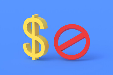 Financial sanctions. Confiscation of money. Bank account arrest. Ban on money transfers. Illegal income. Freezed transaction. Dollar symbol near prohibition sign. 3d render