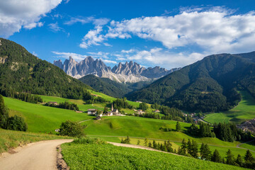 Scenic landscape of the village of Santa Maddalena in South Tyrol. Dolomites.