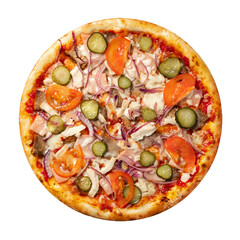 Meat pizza isolated on a white background top view.