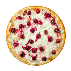 Dessert sweet pizza with cherry isolated on a white background top view.