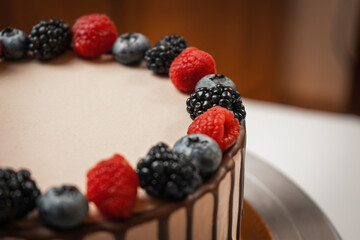 Cake with berries without sugar close-up.
