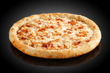 Ham, chicken and bacon pizza with mozzarella cheese side view.