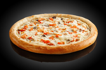 Pizza with sweet pepper and chicken with mozzarella cheese side view.