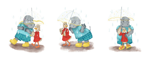 Childish digital illustration with hippo and duck. A set with cute cartoon characters walking under a transparent umbrella on a rainy day. Friends on a walk.