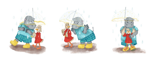 Childish digital illustration with hippo and duck. A set with cute cartoon characters walking under a transparent umbrella on a rainy day. Friends on a walk.