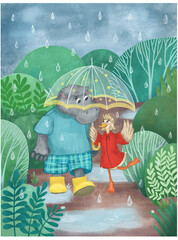 Childish digital illustration with hippo and duck. Cute cartoon characters walk under a transparent umbrella on a rainy day. Friends on a walk in the park.