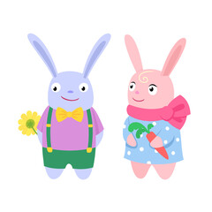 Two cartoon rabbits in love. Stylish vector illustration for Valentine day