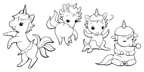 Set of cute unicorns in kawaii style. Cartoon pony sticker design. Vector emoji.