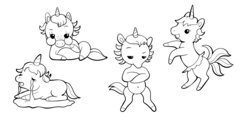 Set of cute unicorns in kawaii style. Cartoon pony sticker design. Vector emoji.