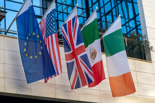 flags on building