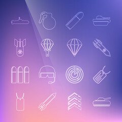 Set line Military tank, dog tag, Biohazard rocket, Bullet, Parachute, bomb, Submarine and icon. Vector