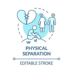 Physical separation turquoise concept icon. Relationship breakdown reason abstract idea thin line illustration. Isolated outline drawing. Editable stroke. Roboto-Medium, Myriad Pro-Bold fonts used
