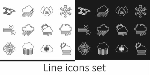 Set line Fog and cloud with sun, Windy weather, Water drop percentage, Cloud rain, and lightning icon. Vector