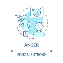 Anger turquoise concept icon. Divorce acceptance step. Mental stage abstract idea thin line illustration. Isolated outline drawing. Editable stroke. Roboto-Medium, Myriad Pro-Bold fonts used