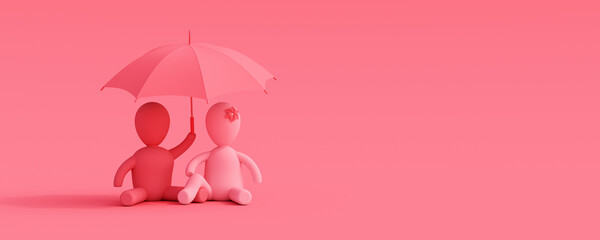 Boy and Girl in love stand under an umbrella. Couple in love concept. Valentine's day background 3d render 3d illustration
