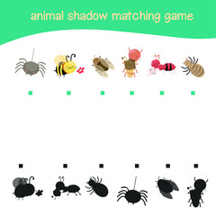Matching shadow game for Preschool Children. Educational printable worksheet. Vector illustration in cartoon style. Matching the images with the shadow for motoric movements.