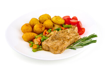Stewed meat with vegetables and baked potatoes, hotpot, isolated on white background.
