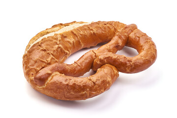 Freshly baked soft pretzel, isolated on white background.