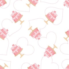 Wedding cake seamless pattern. Feative cakes in pastel colors decorated with hearts, birthday confectionery Modern vector decor textile, wrapping paper, wallpaper. Texture print fabric Valentine's day
