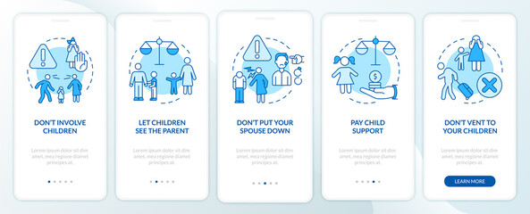 Divorce dos and donts blue onboarding mobile app screen. Separation walkthrough 5 steps graphic instructions pages with linear concepts. UI, UX, GUI template. Myriad Pro-Bold, Regular fonts used