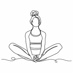 Continuous one simple single abstract line drawing of woman practices yoga icon in silhouette on a white background. Linear stylized.