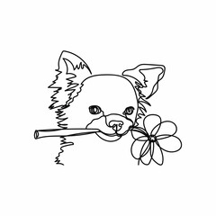 Continuous one simple single abstract line drawing of dog holding a flower woman day or valentines day concept icon in silhouette on a white background. Linear stylized.