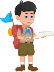 cartoon boy scout holding map and compass