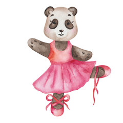 Watercolor illustration of hand painted black and white panda bear in dance studio in pink dress, ballet shoes. Cartoon animal character. Isolated clip art for children fabric textile prints, poster © Olga Sidelnikova