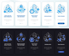 Skincare tips night and day mode onboarding mobile app screen. Skin walkthrough 5 steps graphic instructions pages with linear concepts. UI, UX, GUI template. Myriad Pro-Bold, Regular fonts used - obrazy, fototapety, plakaty
