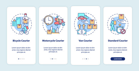 Fototapeta na wymiar Courier business onboarding mobile app screen. Delivery service walkthrough 4 steps graphic instructions pages with linear concepts. UI, UX, GUI template. Myriad Pro-Bold, Regular fonts used
