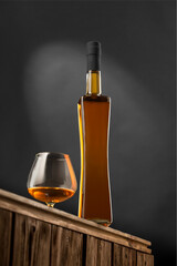 Whiskey, cognac, brandy, bourbon, rum, scotch. Strong alcohol drink close-up..